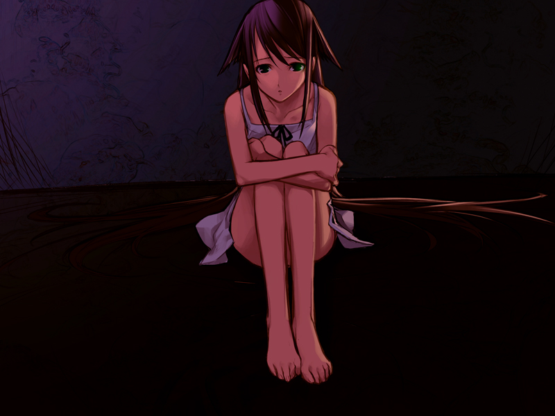 chuuou higashiguchi, saya (saya no uta), saya no uta, game cg, 1girl, barefoot, black hair, dark, dress, feet, female focus, hugging own legs, legs together, long hair, sitting, solo, toes, very long hair, white dress
