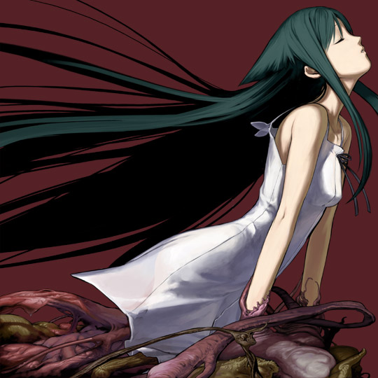 saya (saya no uta), saya no uta, 1girl, arched back, closed eyes, dress, female focus, from side, green hair, long hair, monster girl, profile, red background, simple background, solo, very long hair