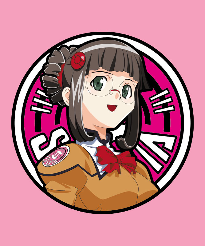 fujisawa yayoi, fujisawa yayoi (uchuu no stellvia), uchuu no stellvia, uniform, 00s, 1girl, black eyes, black hair, bow, bowtie, close-up, donut hair bun, emblem, female focus, glasses, hair bun, hair ornament, open mouth, orange shirt, pink background, shirt, sidelocks, single hair bun, solo