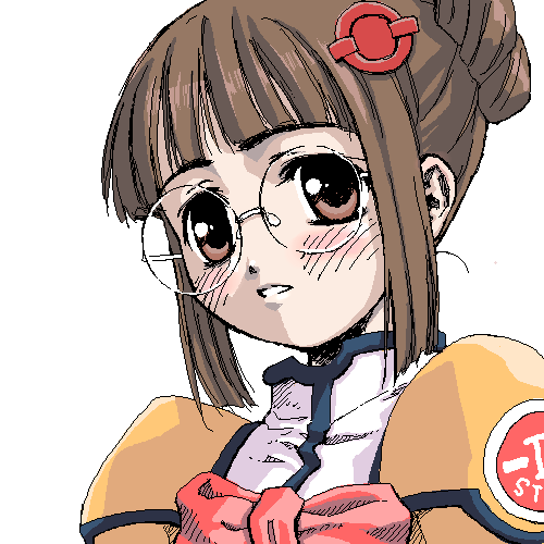 fujisawa yayoi, fujisawa yayoi (uchuu no stellvia), uchuu no stellvia, uniform, lowres, 00s, 1girl, blush, brown eyes, brown hair, close-up, female focus, glasses, hair bun, hair ornament, looking at viewer, orange shirt, shirt, sidelocks, simple background, single hair bun, solo, white background