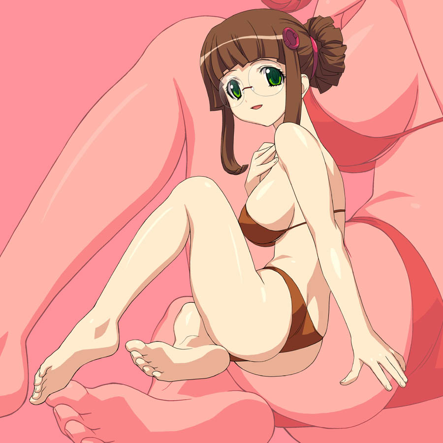 a1 (initial-g), fujisawa yayoi, fujisawa yayoi (uchuu no stellvia), uchuu no stellvia, 00s, 1girl, barefoot, bikini, breasts, brown hair, donut hair bun, feet, female focus, glasses, green eyes, hair bun, hair ornament, large breasts, open mouth, red bikini, sideboob, single hair bun, sitting, solo, swimsuit, zoom layer