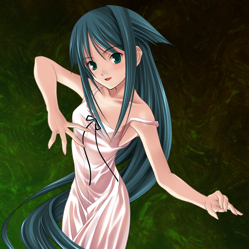 aizawa kotarou, saya (saya no uta), saya no uta, 1girl, collarbone, dress, female focus, green eyes, green hair, long hair, looking at viewer, matching hair/eyes, outstretched arms, ribbon, smile, solo, spread arms, strap slip, sundress, very long hair
