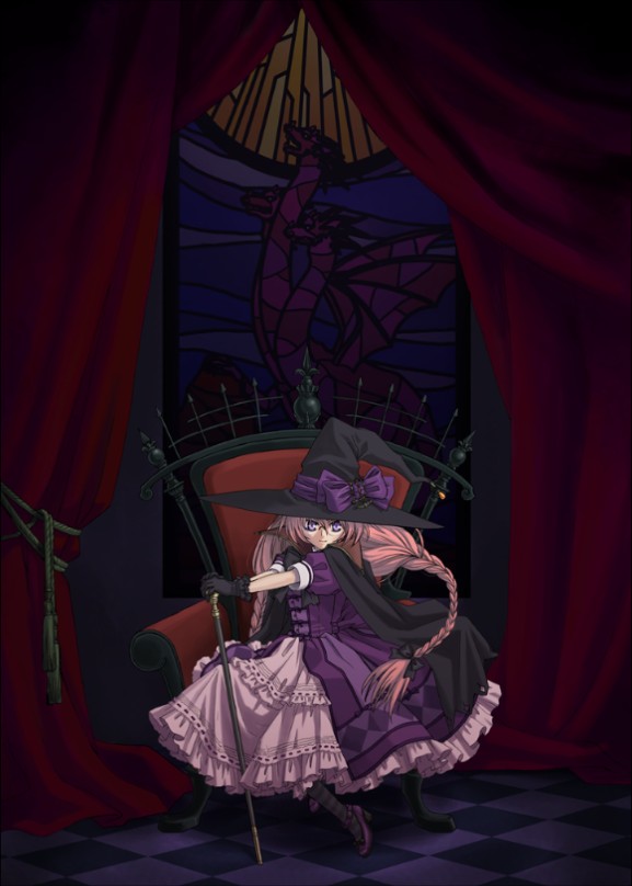 fumiko odette vanstein, alfa system, shikigami no shiro, 1girl, black gloves, blue eyes, bow, braid, chair, checkered floor, curtains, dark, dress, female focus, frilled dress, frills, glasses, gloves, hat, hat bow, indoors, long hair, perspective, pink hair, puffy short sleeves, puffy sleeves, purple eyes, red hair, ribbon, short sleeves, sitting, skirt, smile, solo, staff, stained glass, twin braids, very long hair, witch, witch hat