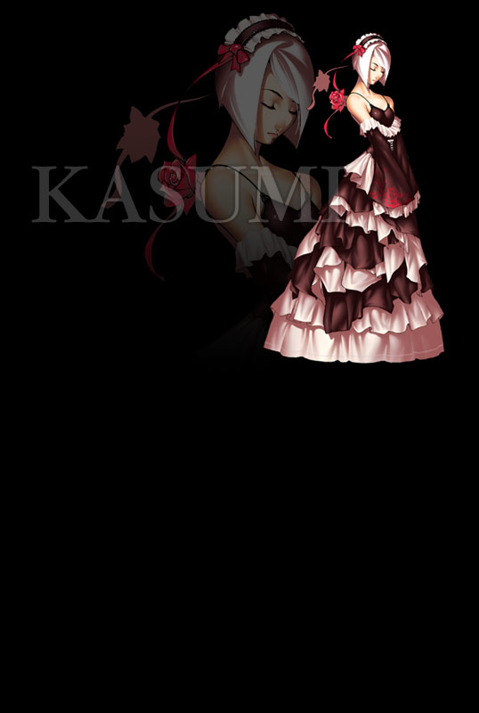 tomoyuki kotani, kasumi rose, ibara, official art, 1girl, black background, character name, closed eyes, dark, dress, elbow gloves, female focus, flower, frills, gloves, hairband, rose, short hair, solo, white hair