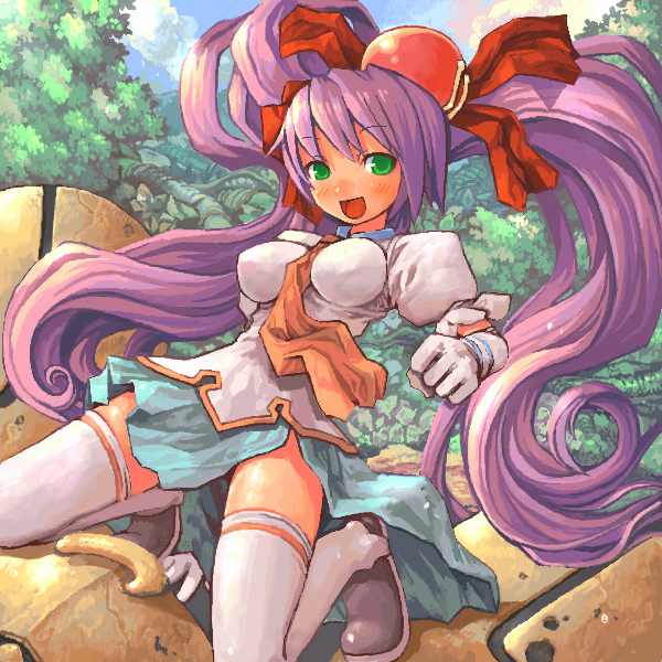 shigatake, kiniro, kiniro (mushihime-sama), reco, cave (developer), mushihime-sama, 1girl, blue skirt, breasts, cloud, elbow gloves, female focus, forest, gloves, happy, impossible clothes, impossible shirt, kneeling, large breasts, long hair, looking at viewer, miniskirt, nature, necktie, oekaki, outdoors, purple hair, rhinoceros beetle, shirt, skirt, sky, smile, solo, thighhighs, twintails, very long hair, white thighhighs, zettai ryouiki