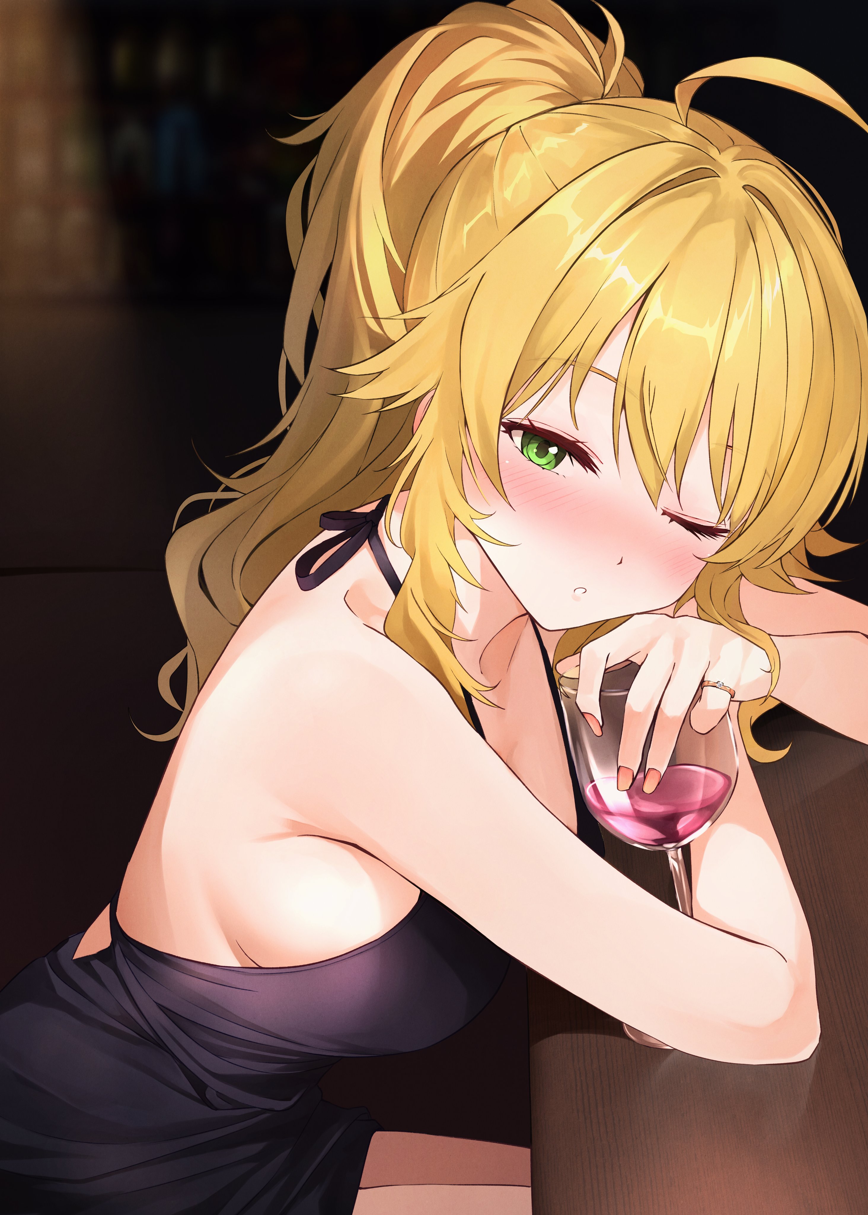 b1ack illust, hoshii miki, idolmaster, idolmaster (classic), absurdres, commentary request, highres, 1girl, aged up, ahoge, bare shoulders, black dress, blonde hair, blush, breasts, cup, dress, drinking glass, drunk, green eyes, holding, holding cup, jewelry, long hair, looking at viewer, medium breasts, one eye closed, ponytail, ring, sidelocks, solo, wavy hair, wine glass