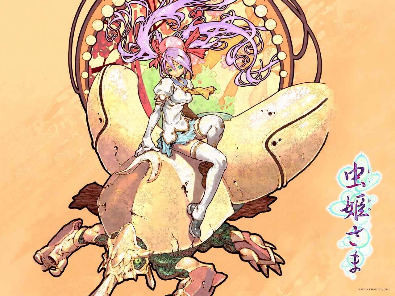 tomoyuki kotani, kiniro, kiniro (mushihime-sama), reco, cave (developer), mushihime-sama, official art, official wallpaper, 1girl, aqua eyes, art nouveau, beetle, blue sailor collar, blue skirt, bug, copyright name, elbow gloves, female focus, gloves, insect, logo, long hair, miniskirt, necktie, purple hair, rhinoceros beetle, sailor collar, sitting, skirt, solo, thighhighs, twintails, very long hair, white thighhighs, zettai ryouiki