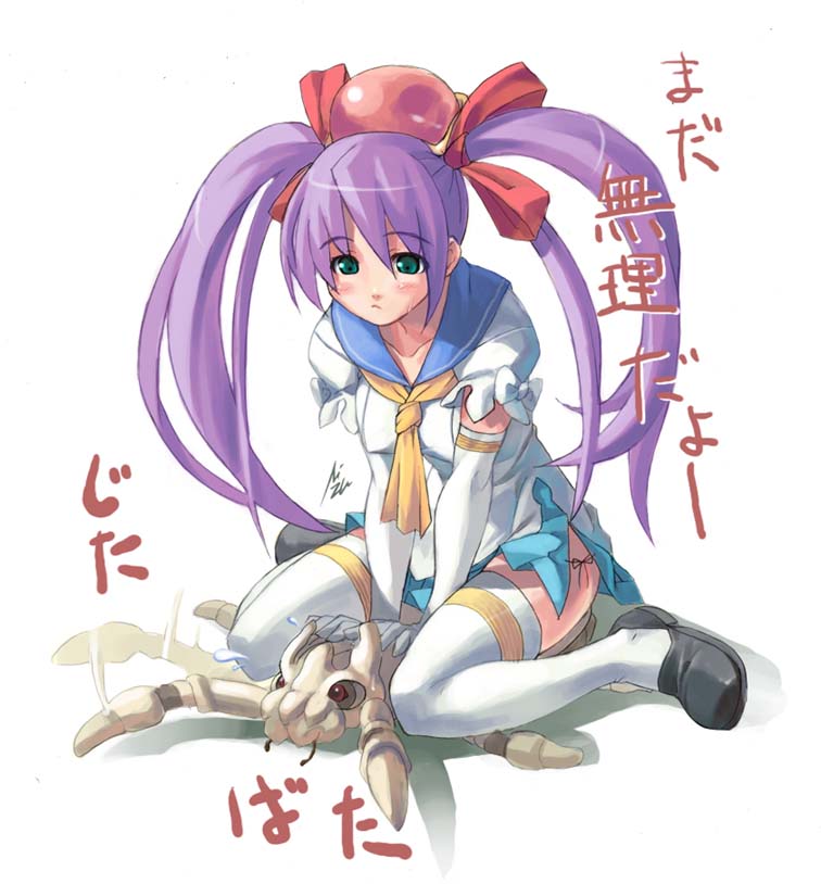reco, cave (developer), mushihime-sama, 1girl, ascot, blue sailor collar, blue skirt, blush, brooch, bug, elbow gloves, female focus, gloves, green eyes, hair ornament, hair ribbon, jewelry, loafers, long hair, pain, purple hair, ribbon, sailor collar, school uniform, serafuku, shoes, sitting, sitting on person, skirt, solo, straddling, sweatdrop, thighhighs, twintails, white thighhighs