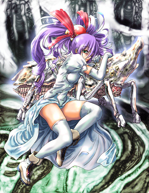 dys, iemichi, reco, cave (developer), mushihime-sama, bad id, bad pixiv id, 1girl, boots, bug, drill hair, elbow gloves, female focus, gloves, green eyes, hair ornament, hair over one eye, hug, lipstick, long hair, makeup, purple hair, sitting, smile, solo, thighhighs, twin drills, twintails, white thighhighs, zettai ryouiki