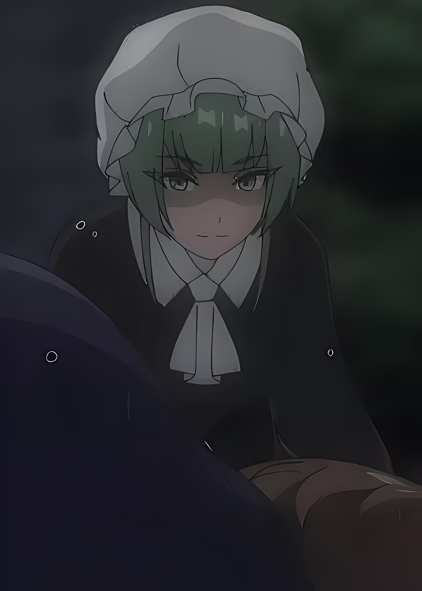 unnamed memory, 1girl, aderayya (unnamed memory), green eyes, green hair, looking at viewer, maid headdress, medium hair, upper body