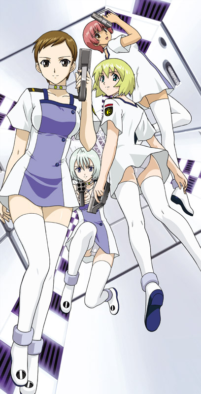 anette kerry, betty boozeman, chris callman, chris calman, kubo chizuru, stratos 4, 00s, 4girls, dress, gun, multiple girls, panties, pantyshot, shoes, short dress, thighhighs, underwear, upskirt, weapon, white panties, white thighhighs, zettai ryouiki