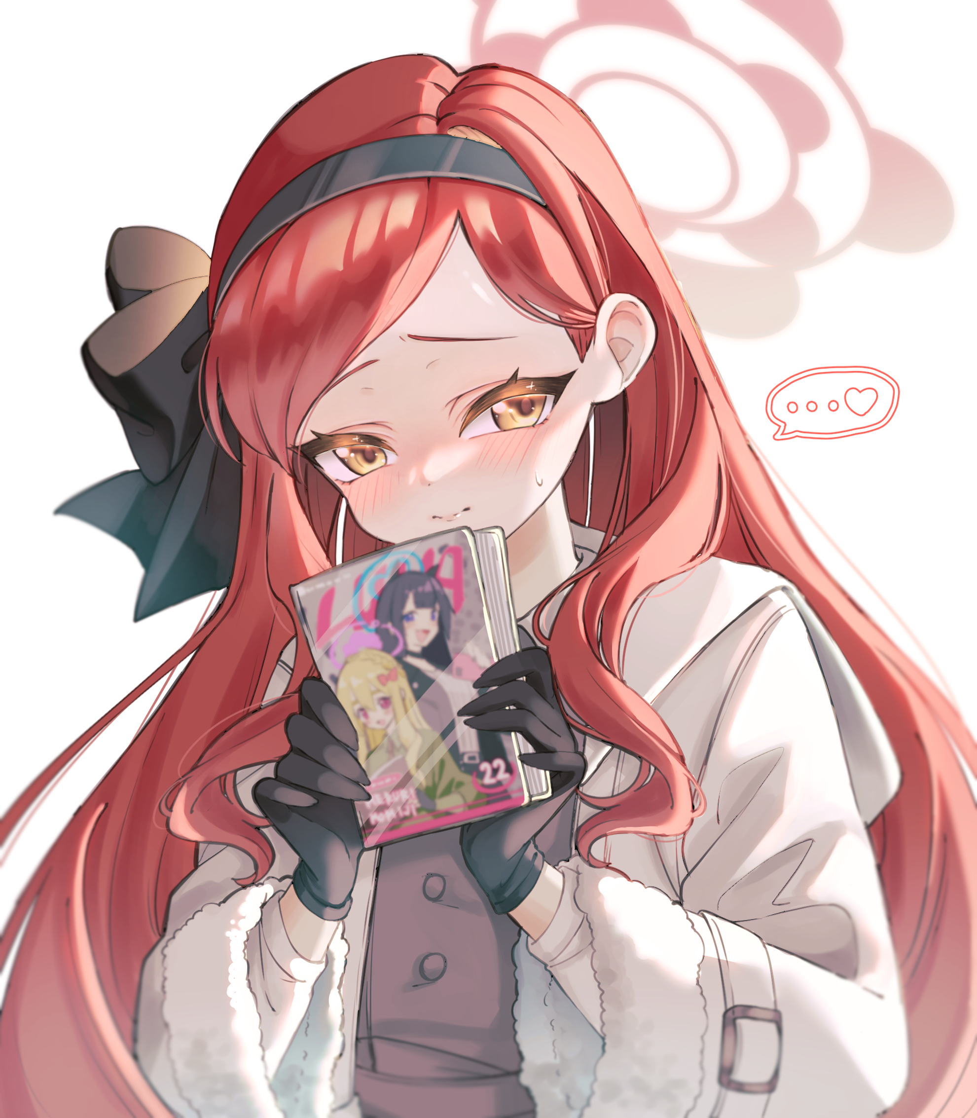 sasami (cho ge n ki), takane (blue archive), blue archive, 1girl, black gloves, blush, book, bow, dress, gloves, hair bow, halo, long hair, looking at viewer, red hair, solo, upper body, yellow eyes