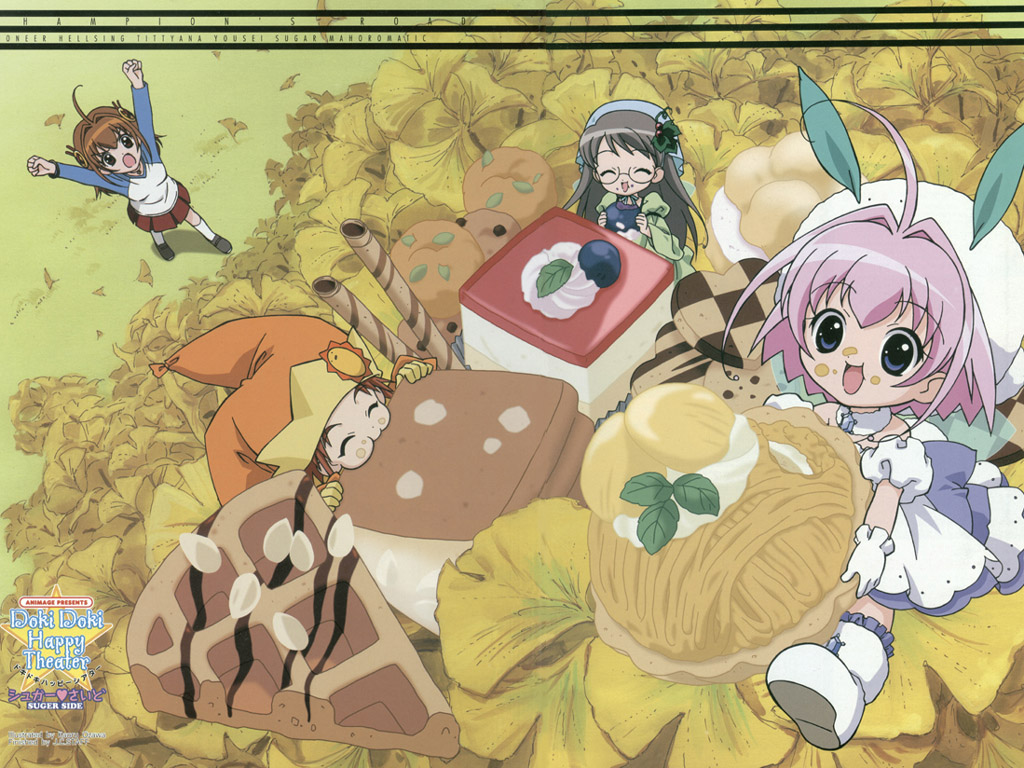 pepper (chicchana yukitsukai sugar), saga bergman, salt (chicchana yukitsukai sugar), sugar (chicchana yukitsukai sugar), chicchana yukitsukai sugar, 00s, 1boy, 3girls, ahoge, berry, black hair, brown hair, cake, collar, cookie, eating, fairy, food, food on face, from above, glasses, gloves, hat, long hair, mini person, miniboy, minigirl, multiple girls, pastry, pink hair, plant, raglan sleeves, short hair, sitting, snow rabbit, waffle, wings