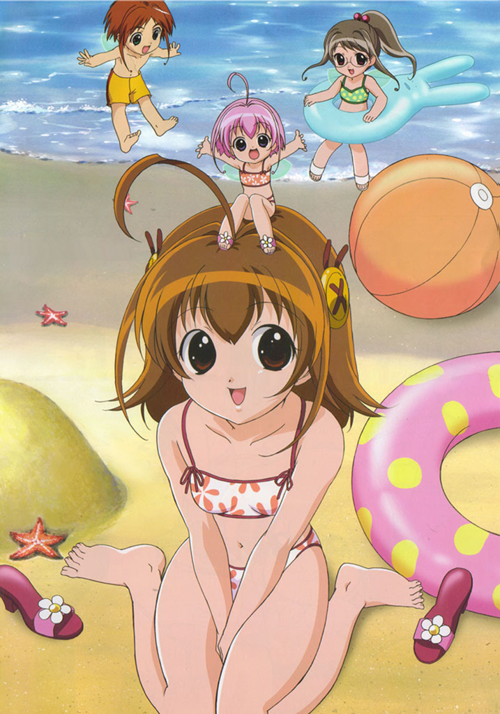 pepper (chicchana yukitsukai sugar), saga bergman, salt (chicchana yukitsukai sugar), sugar (chicchana yukitsukai sugar), chicchana yukitsukai sugar, official art, 00s, 1boy, 3girls, ahoge, barefoot, beach, bikini, blue eyes, brown eyes, brown hair, buttons, chibi, day, fairy, feet, glasses, green eyes, grey hair, innertube, large buttons, mini person, minigirl, multiple girls, pink hair, sandals, short hair, starfish, swim ring, swimsuit, tankini, toes, unworn sandals, wings