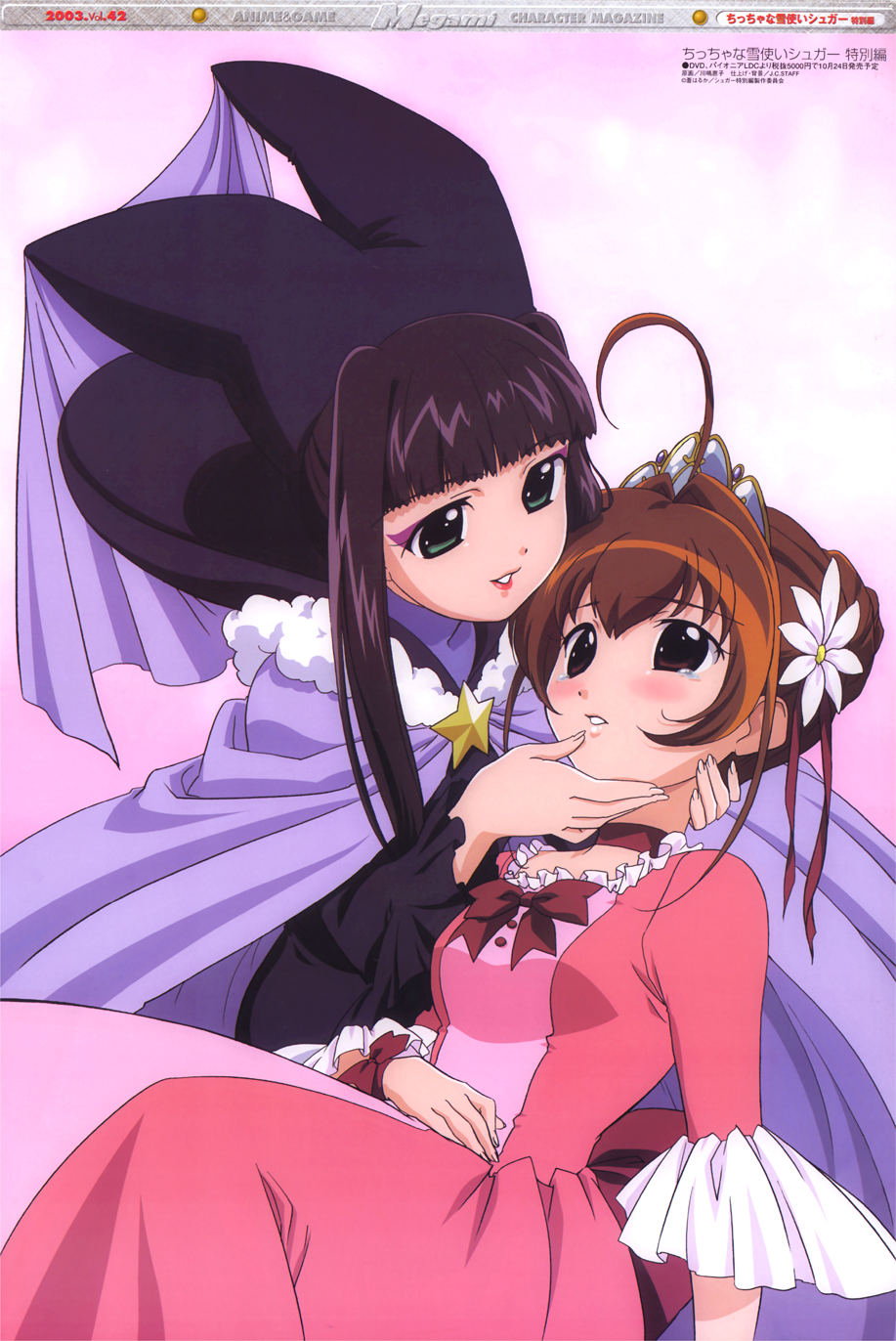 kawashima keiko, greta, greta (chicchana yukitsukai sugar), saga bergman, chicchana yukitsukai sugar, megami magazine, highres, 00s, 2girls, blush, brown eyes, brown hair, dress, green eyes, long hair, multiple girls, purple hair, tears