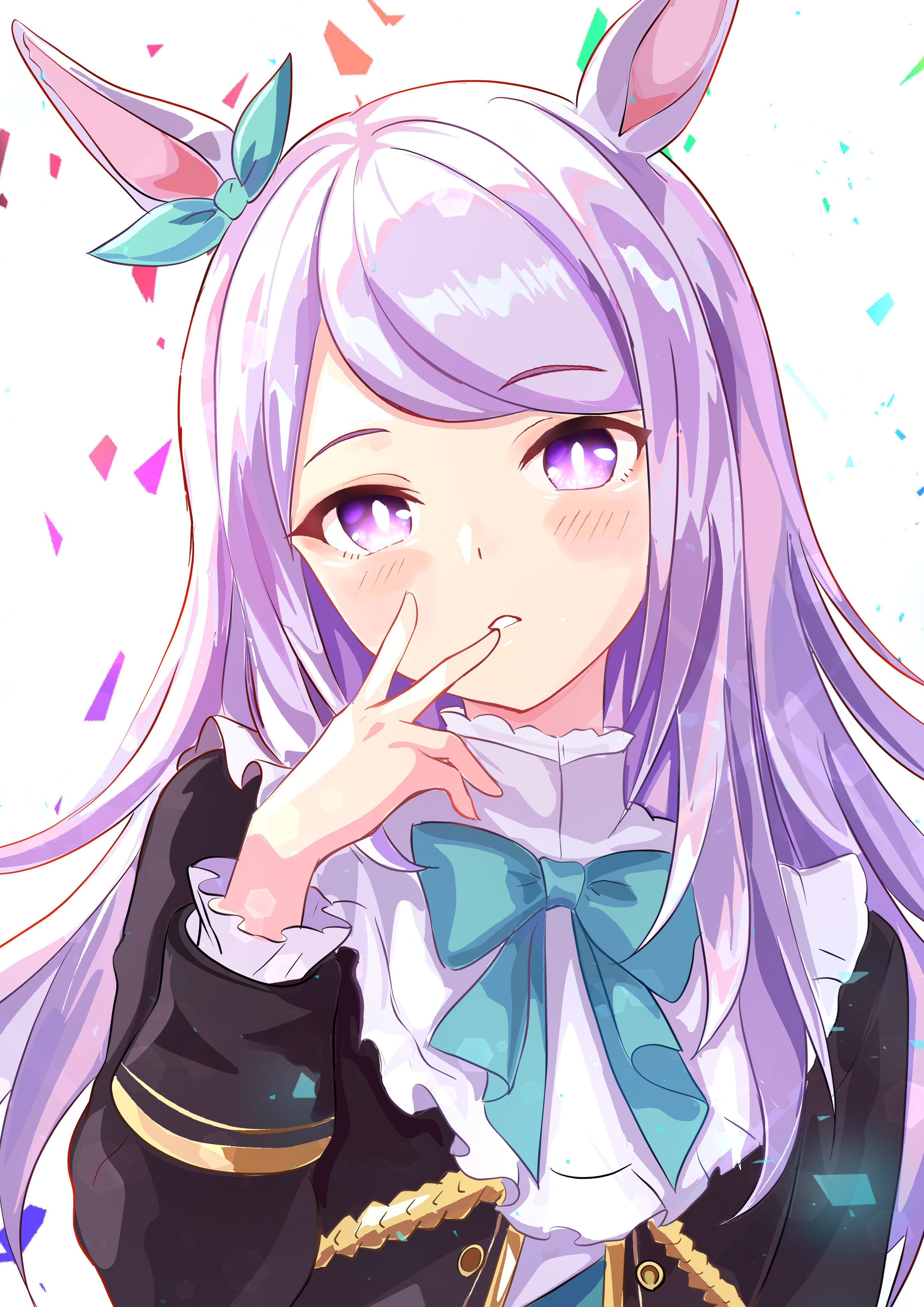 kanon (user rrhr4244), mejiro mcqueen (umamusume), umamusume, absurdres, highres, 1girl, animal ears, aqua bow, black jacket, blue bow, blue shirt, blush, bow, collar, ear bow, ear ribbon, finger to mouth, frilled jacket, frills, horse ears, horse girl, jacket, long hair, long sleeves, looking at viewer, parted lips, purple eyes, purple hair, shirt, simple background, solo, striped clothes, striped shirt, teeth, upper body, white background, white collar, white shirt
