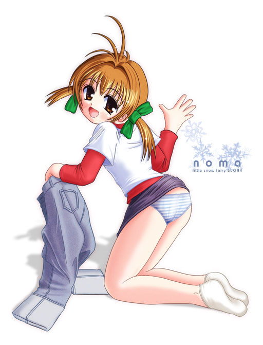norma (chicchana yukitsukai sugar), chicchana yukitsukai sugar, 00s, antenna hair, back, blue panties, blush, brown eyes, brown hair, clothes lift, hair ribbon, kneeling, long sleeves, looking back, miniskirt, panties, ribbon, shirt, short hair, short twintails, skirt, skirt lift, socks, solo, striped clothes, striped panties, twintails, underwear, undressing, white socks