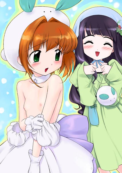 hechi, daidouji tomoyo, kinomoto sakura, pepper (chicchana yukitsukai sugar), sugar (chicchana yukitsukai sugar), cardcaptor sakura, chicchana yukitsukai sugar, blush, brown hair, choker, collar, cosplay, flat chest, gloves, green eyes, hat, loli, long hair, nipples, parody, pepper (chicchana yukitsukai sugar) (cosplay), purple hair, short hair, sugar (chicchana yukitsukai sugar) (cosplay)