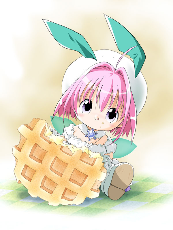 sugar (chicchana yukitsukai sugar), chicchana yukitsukai sugar, 00s, 1girl, ahoge, female focus, food, hat, jewelry, necklace, pink hair, purple eyes, short hair, solo, waffle, wings