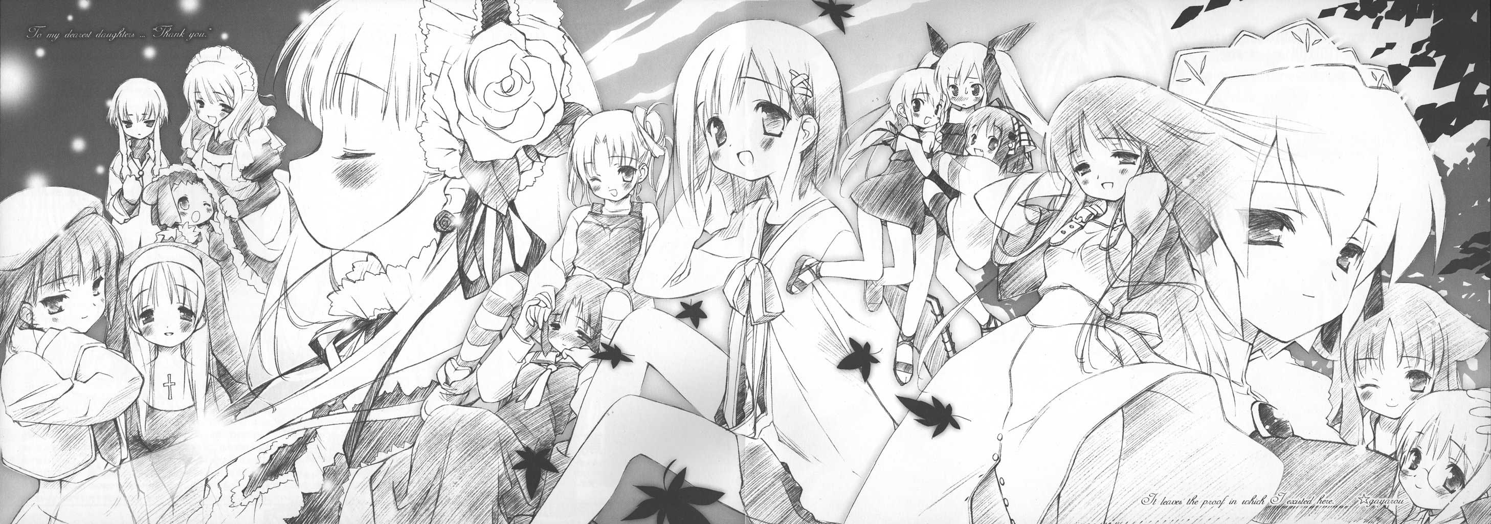 kotonomiya yuki, kousaka alice, kousaka maria, makino nanami, miyashiro karin, shinjou izumi, yamato suzuran, canvas (cocktail soft), canvas sepia iro no motif, f&c, suigetsu, striped legwear, character request, highres, long image, wide image, 6+girls, beret, blush, closed eyes, crossover, everyone, flower, glasses, greyscale, hair flower, hair ornament, hat, leaf, maid, monochrome, multiple girls, nun, one eye closed, rose, siblings, sisters, striped clothes, striped thighhighs, thighhighs, twins, twintails, wink
