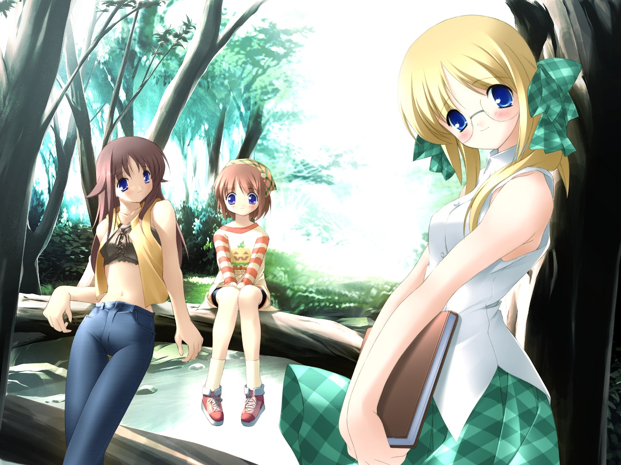 miyashiro karin, shinjou izumi, yamato suzuran, mizukabe, suigetsu, plaid, striped, 3girls, against tree, bandana, bike shorts, blue eyes, blush, book, bow, branch, day, flower, forest, glasses, hair bow, in tree, lily of the valley, long hair, midriff, multiple girls, nature, navel, outdoors, pink hair, pumpkin, shinjyou izumi, shoes, short hair, sitting, sitting in tree, skirt, sleeveless, smile, sneakers, socks, tree, turtleneck, twintails, vest, water