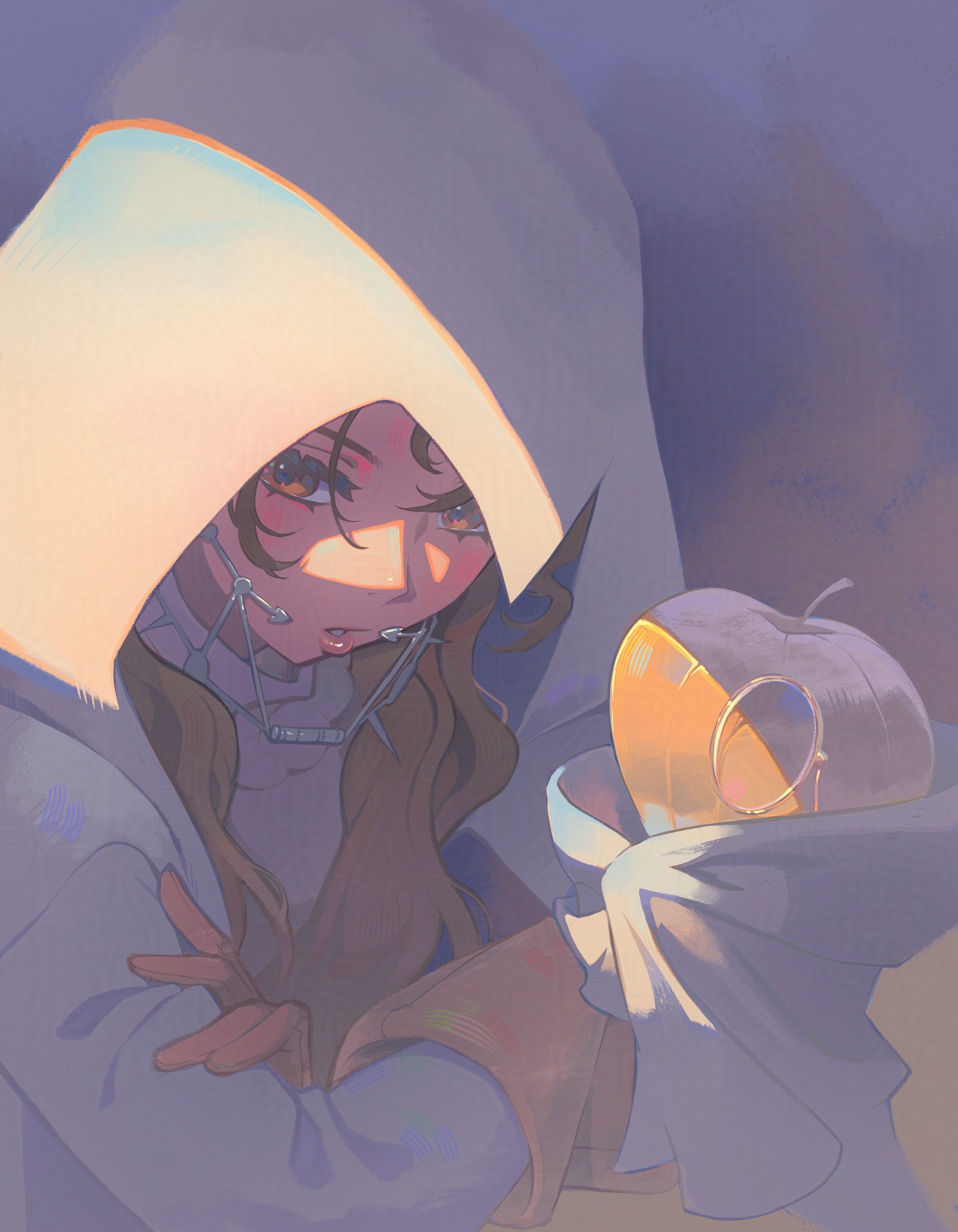 takiminada, apple (reverse:1999), tooth fairy (reverse:1999), reverse:1999, absurdres, highres, 1girl, apple, blue eyes, braces, brown gloves, brown hair, food, fruit, gloves, golden apple, holding own arm, hood, hood up, hooded coat, long hair, looking at viewer, monocle, parted lips, purple background, shirt, solo, upper body, white shirt