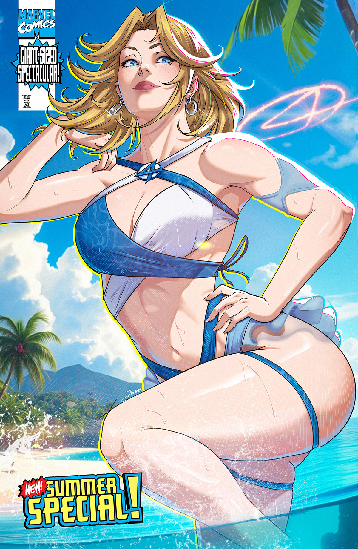 jhony caballero, sue storm, fantastic four, marvel, marvel rivals, commission, highres, 1girl, beach, bikini, blonde hair, blue eyes, breasts, earrings, jewelry, one-piece swimsuit, solo, swimsuit