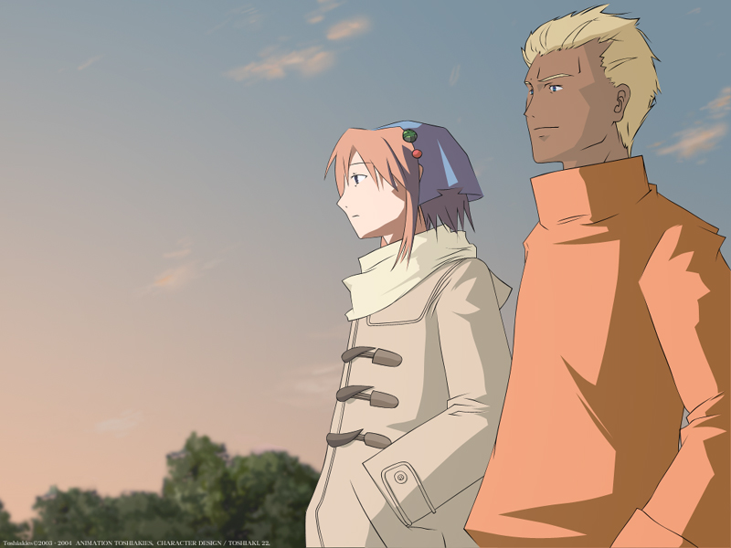 dearka elsman, musu, 2channel, futaba channel, gundam, gundam seed, 00s, 1boy, 1girl, crossover, dark skin, dearkka, hands in pockets, sunset