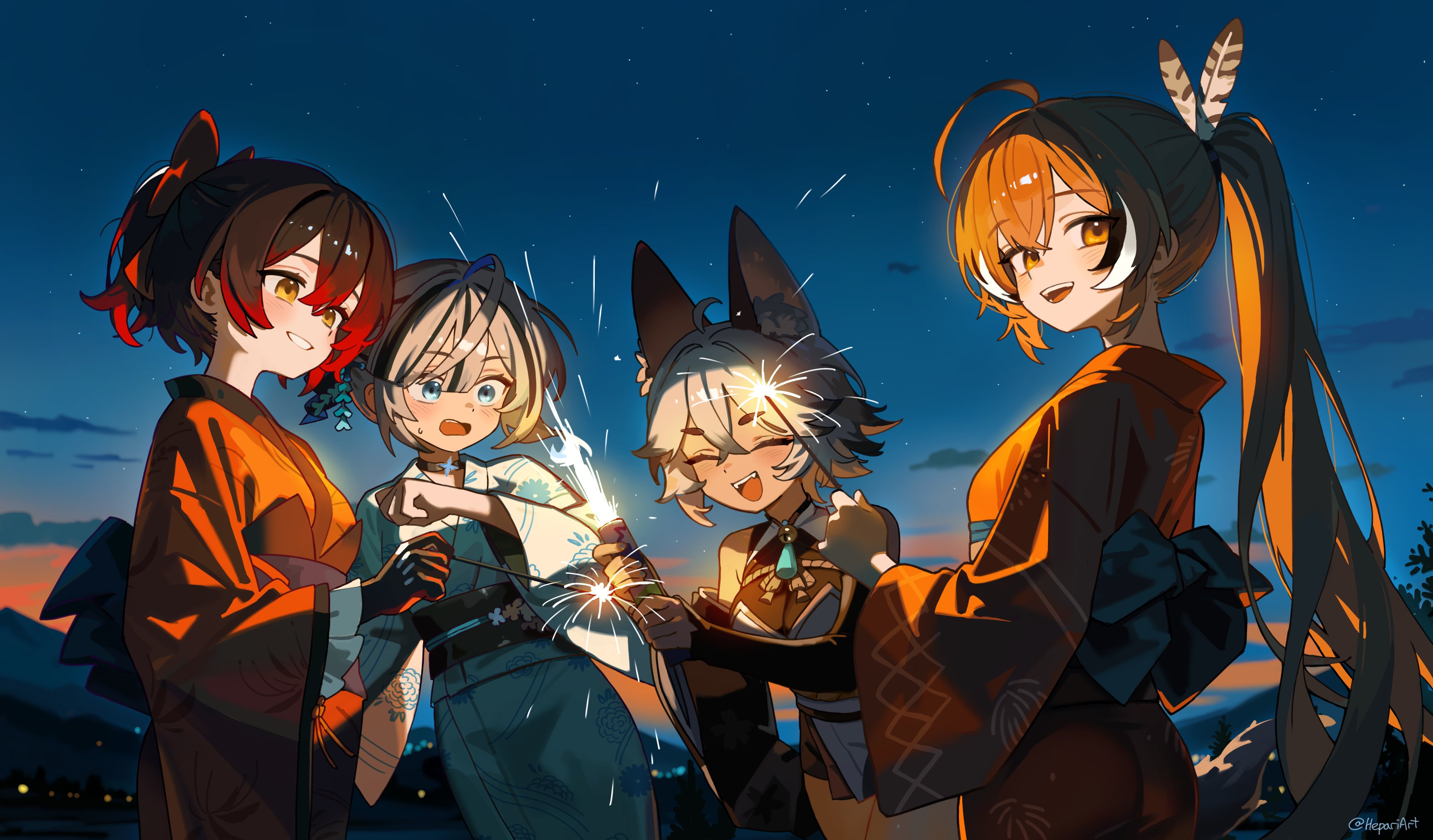hepari, nanashi mumei, roboco-san, yuyu yura, hololive, hololive english, absurdres, character request, highres, 4girls, ahoge, alternate costume, blue eyes, blush, bow, breasts, brown hair, choker, cleavage, closed eyes, crossed bangs, fangs, fireworks, hair bow, holding, holding fireworks, kaguya (vtuber), large breasts, long hair, long sleeves, looking at viewer, medium breasts, multicolored hair, multiple girls, night, open mouth, outdoors, ponytail, red bow, red hair, short hair, short ponytail, smile, sparkler, teeth, twitter username, upper teeth only, virtual youtuber, white hair