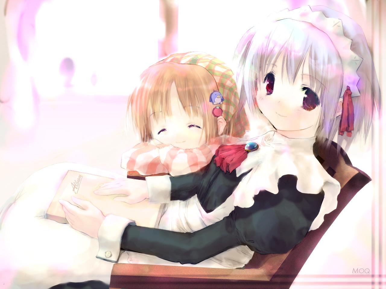 moq, kotonomiya yuki, mile, yamato suzuran, mizukabe, suigetsu, silver hair, 2girls, ^ ^, apron, black dress, blurry, blurry background, brooch, brown hair, closed eyes, dress, flower, green headscarf, headscarf, indoors, jewelry, lily of the valley, looking at viewer, maid, maid apron, maid headdress, multiple girls, red eyes, scarf, short hair, smile, striped clothes, striped scarf, upper body, window