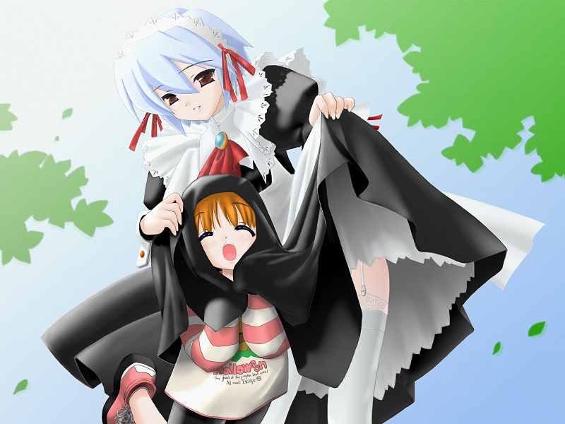 gayarou, kotonomiya yuki, yamato suzuran, suigetsu, lace-trimmed legwear, striped, 2girls, bike shorts, blue hair, brooch, child, closed eyes, clothes lift, day, dress, dress lift, flower, garter straps, jewelry, lace, lace trim, leaf, leg lift, lily of the valley, maid, multiple girls, open mouth, orange hair, outdoors, red eyes, shoes, sky, smile, sneakers, thighhighs, turtleneck, white thighhighs