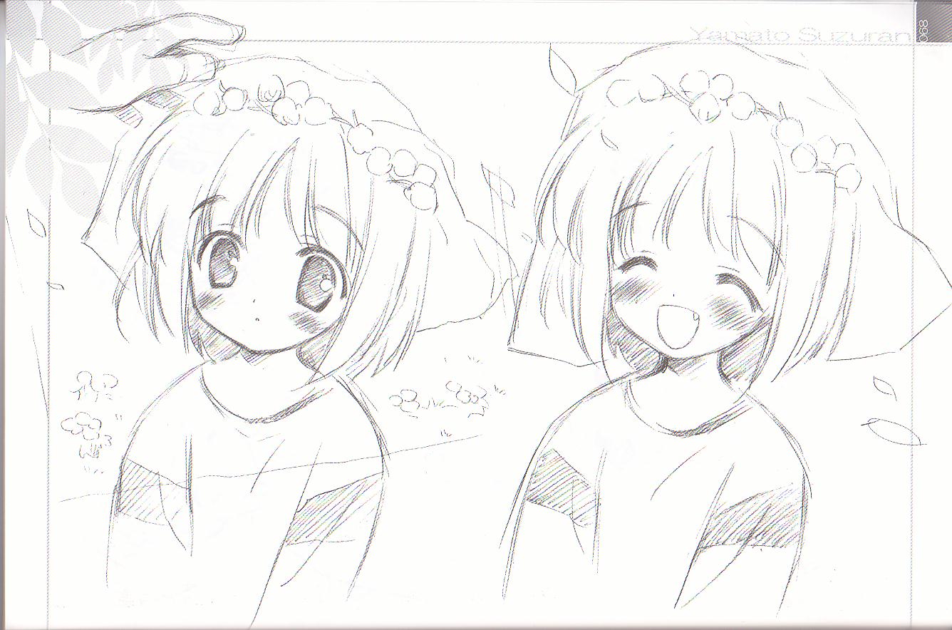 ang, yamato suzuran, suigetsu, 1girl, ^ ^, blush, character name, closed eyes, flower, greyscale, hair flower, hair ornament, lily of the valley, long sleeves, monochrome, multiple views, open mouth, short hair, simple background, smile, striped sleeves, upper body, white background