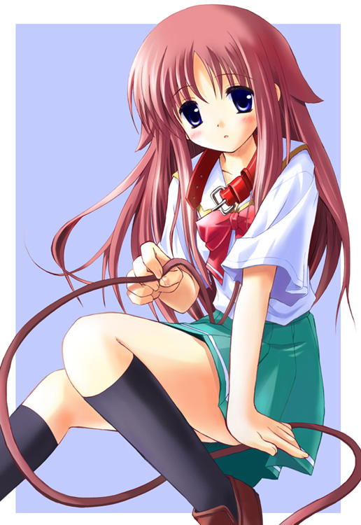torishimo, miyashiro karin, suigetsu, 1girl, collar, female focus, leash, school uniform, serafuku, simple background, socks, solo