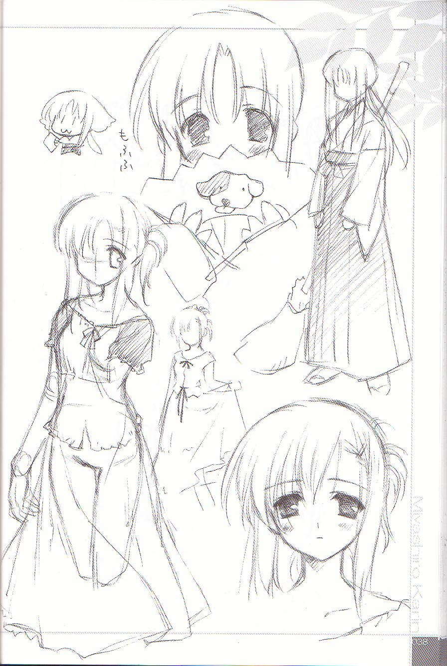 miyashiro karin, suigetsu, highres, 1girl, :3, blush, broom, collarbone, covering own mouth, dress, expressionless, folding fan, greyscale, hair ornament, hairclip, hand fan, japanese clothes, looking at viewer, miko, monochrome, multiple views, short hair, short sleeves, side ponytail, sidelocks, simple background, smile
