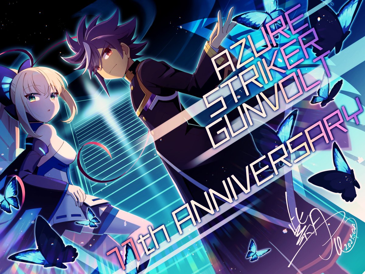 shizuki airu, lumen (gunvolt), shiden (gunvolt), azure striker gunvolt, azure striker gunvolt 1, 1boy, 1girl, antenna hair, bare shoulders, black sleeves, blonde hair, bug, butterfly, copyright name, dated, detached sleeves, high ponytail, insect, long hair, pink hair, ponytail, purple eyes, purple hair, short hair, signature