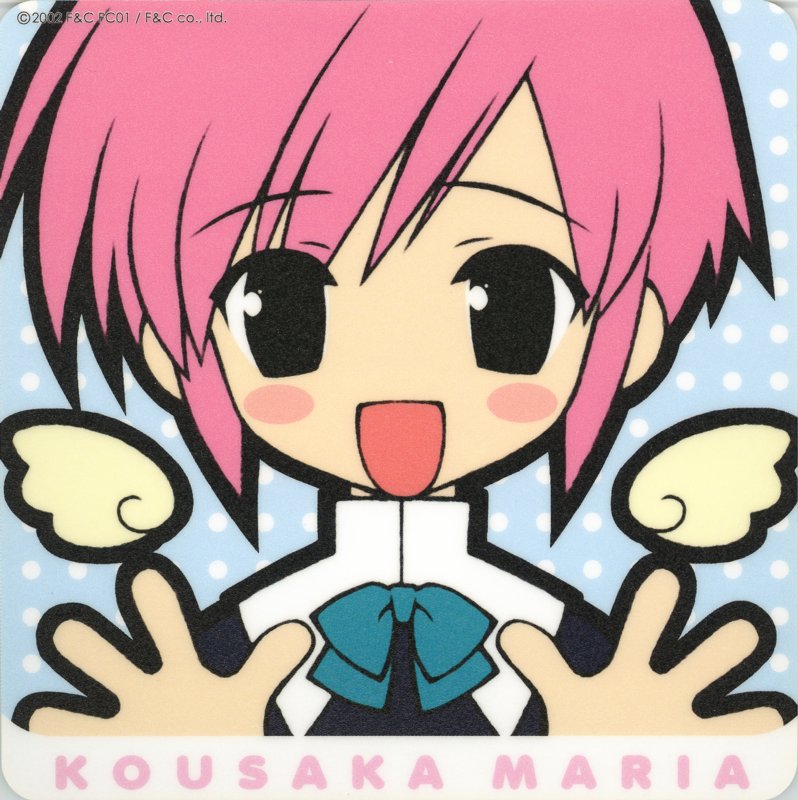 kousaka maria, suigetsu, artist request, 00s, 1girl, 2002, angel wings, black eyes, black shirt, blue background, blue bow, blue bowtie, bow, bowtie, chibi, chibi only, female focus, open mouth, pink hair, polka dot, polka dot background, school uniform, shirt, short hair, smile, solo, upper body, waving, wings