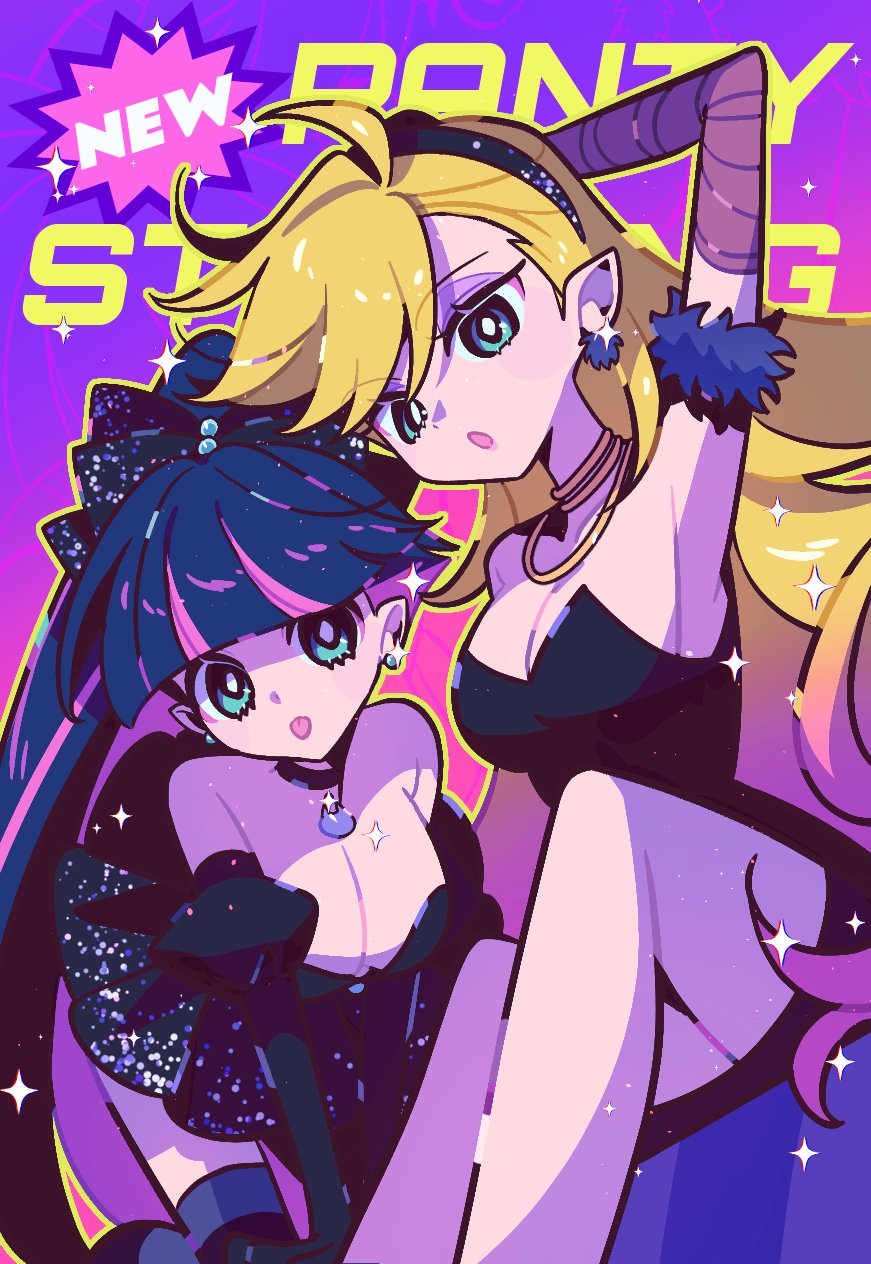 panty (psg), stocking (psg), panty & stocking with garterbelt, highres, 2girls, black dress, blonde hair, blunt bangs, breasts, cleavage, copyright name, dress, earrings, green eyes, high ponytail, jewelry, long hair, looking at viewer, multiple girls, ponytail, striped clothes, striped hair, striped thighhighs, thighhighs, tongue, tongue out, znal km
