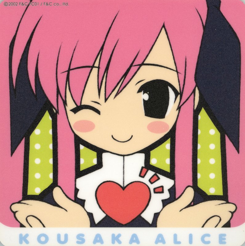 kousaka alice, suigetsu, 1girl, ;), black eyes, blush, character name, chibi, chibi only, close-up, collar, female focus, hair ribbon, heart, looking at viewer, one eye closed, pink hair, portrait, ribbon, simple background, smile, solo, upper body