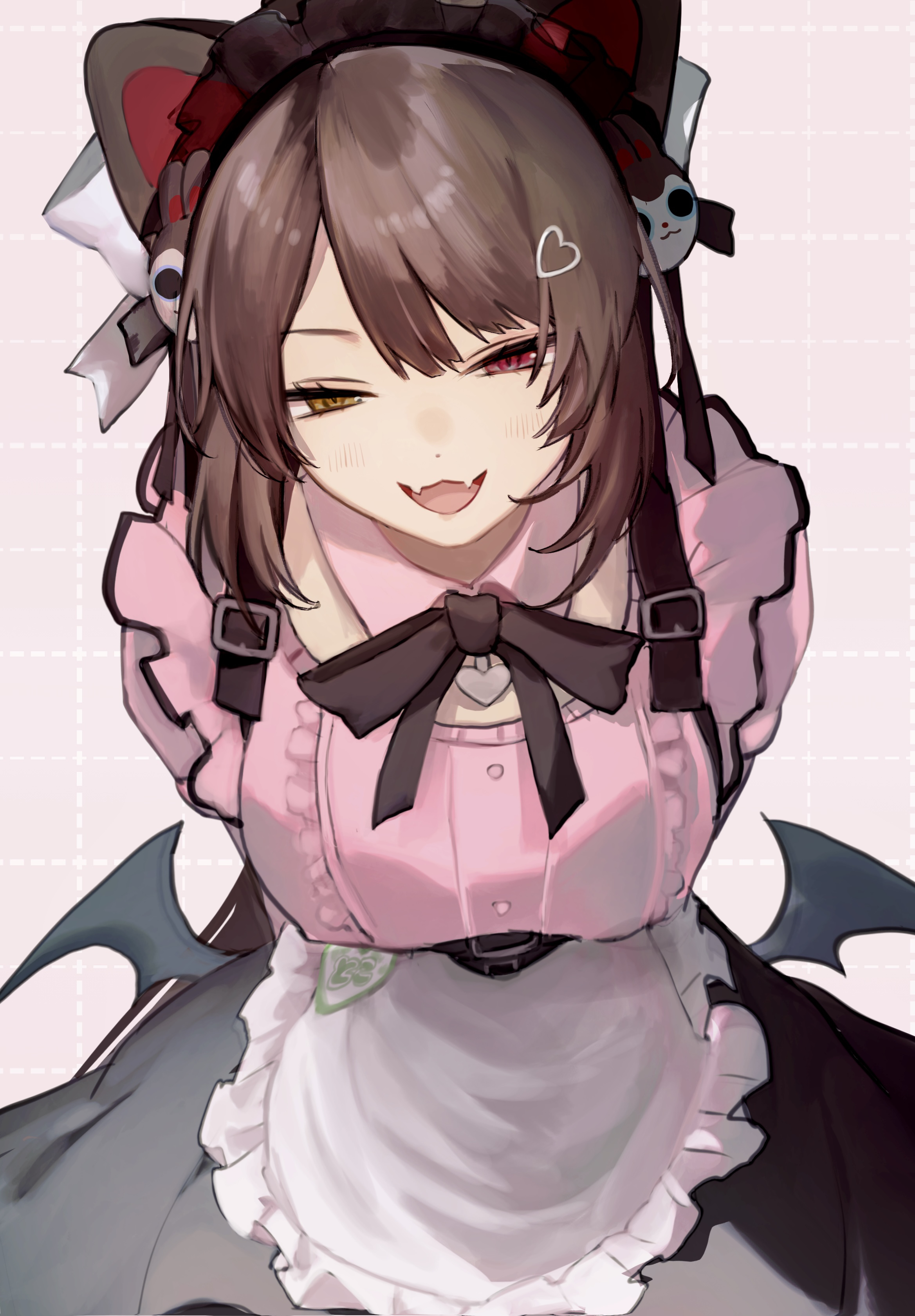 inui toko, nijisanji, absurdres, commentary request, highres, 1girl, :3, :d, animal ears, animal hair ornament, apron, arms behind back, black ribbon, black skirt, blush, breasts, brown hair, cafe cutemare uniform, collar, cowboy shot, demon wings, detached collar, dog ears, dog girl, dot nose, dotted line, eyelashes, fangs, frilled apron, frilled shirt, frills, grey headdress, grey wings, grid background, hair ornament, half-closed eyes, heart, heart hair ornament, heart pendant, heterochromia, ichigobanan a, large breasts, leaning forward, long hair, looking at viewer, low wings, maid headdress, mini wings, name tag, neck ribbon, open mouth, pink background, pink collar, pink shirt, red eyes, ribbon, shirt, skin fangs, skirt, smile, solo, straight-on, very long hair, virtual youtuber, waist apron, waitress, white apron, wings, yellow eyes