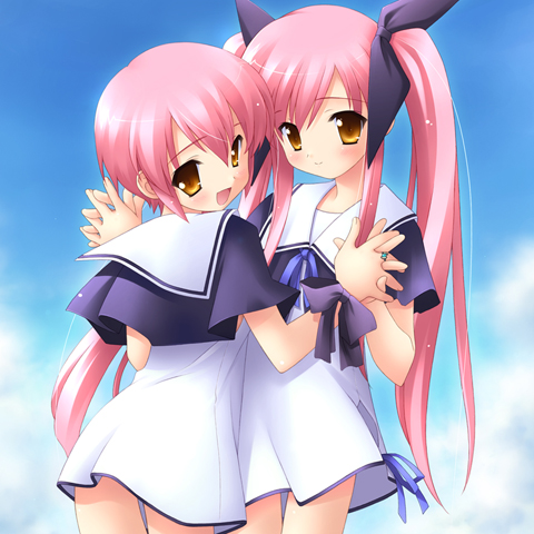 gayarou, kousaka alice, kousaka maria, suigetsu, lowres, 2girls, blush, cloud, day, dress, hair ribbon, holding hands, jewelry, long hair, looking back, multiple girls, pink hair, ribbon, ring, school uniform, serafuku, short hair, siblings, sisters, sky, smile, twins, twintails, very long hair, yellow eyes