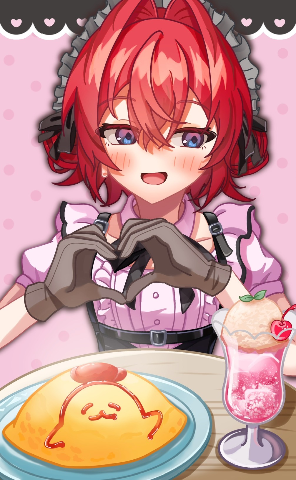 ange katrina, mandragora (ange katrina), nijisanji, commentary request, highres, 1girl, arou 01, averting eyes, black ribbon, blue eyes, blush, breasts, cafe cutemare uniform, cherry, chest harness, collar, cup, detached collar, double-parted bangs, double bun, drinking glass, food, food art, frilled shirt, frills, fruit, gloves, gradient eyes, grey gloves, grey headdress, hair between eyes, hair bun, hair intakes, hands up, harness, heart, heart hands, hurricane glass, ice cream, ice cream float, maid headdress, moe moe kyun!, multicolored eyes, neck ribbon, omelet, omurice, open mouth, pink background, pink collar, pink shirt, polka dot, polka dot background, pov across table, purple eyes, red hair, ribbon, shirt, short sleeves, small breasts, solo, straight-on, table, upper body, virtual youtuber, wooden table