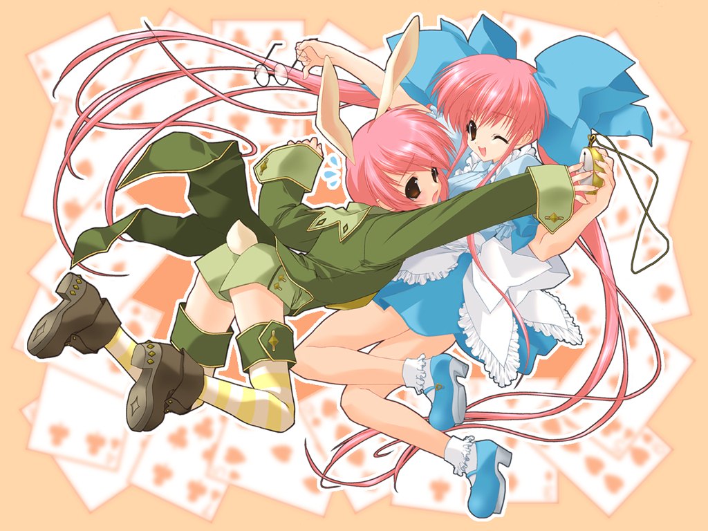 kisaragi mizu, alice (alice in wonderland), kousaka alice, kousaka maria, white rabbit (alice in wonderland), alice's adventures in wonderland, mizukabe, suigetsu, 2girls, alice (alice in wonderland) (cosplay), ass, cosplay, legs, multiple girls, siblings, sisters, twins, white rabbit (cosplay)