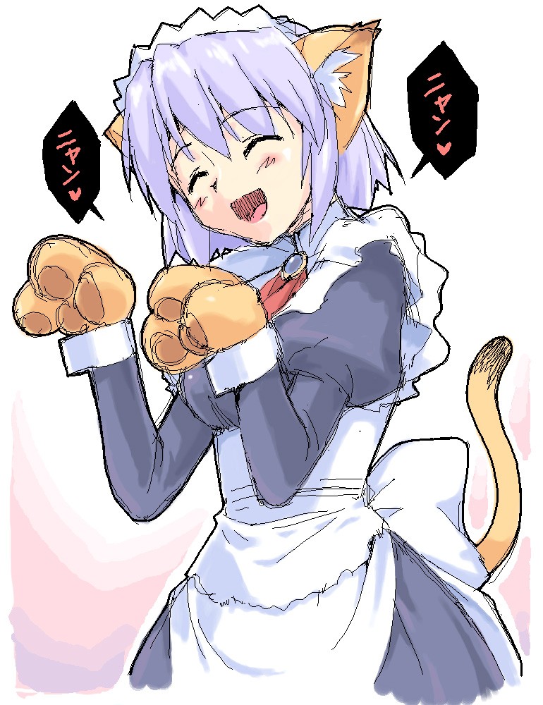 kotonomiya yuki, suigetsu, translated, ^ ^, animal ears, animal hands, blue hair, blush, brooch, cat ears, cat tail, closed eyes, dress, happy, jewelry, maid, paw pose, short hair, sketch, solo, tail, turtleneck