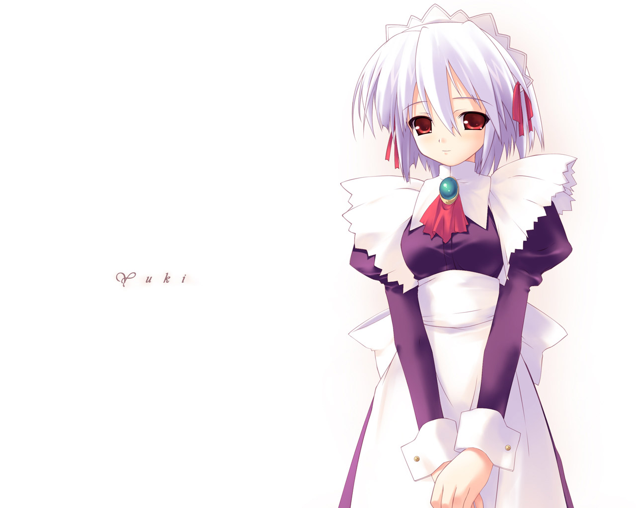 kotonomiya yuki, suigetsu, 1girl, blue hair, brooch, female focus, gradient background, jewelry, maid, red eyes, short hair, smile, solo, turtleneck, wrist cuffs