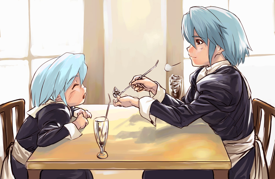 chibi yami, kotonomiya yuki, yami yuki, suigetsu, 2girls, apron, black dress, blue hair, blush, breath, closed eyes, dress, drinking straw, feeding, food, hair between eyes, ice cream, indoors, long sleeves, maid, maid apron, multiple girls, open mouth, red eyes, short hair, sitting, smile, table