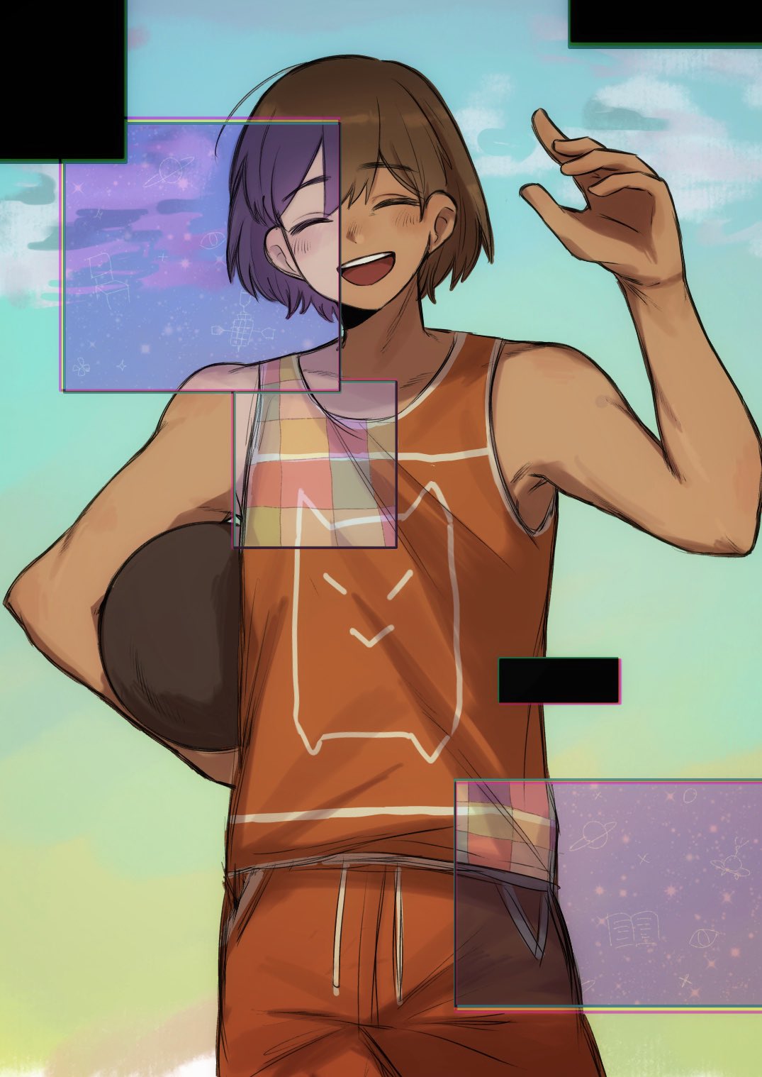 pasuta928008, kel (faraway) (omori), kel (headspace) (omori), kel (omori), omori, highres, 1boy, arm up, ball, blue sky, blush, brown hair, closed eyes, cloud, collarbone, dark-skinned male, dark skin, day, dual persona, holding, holding ball, male focus, orange shorts, outdoors, purple hair, short hair, shorts, sky, smile, solo, tank top, teeth, tongue, upper teeth only