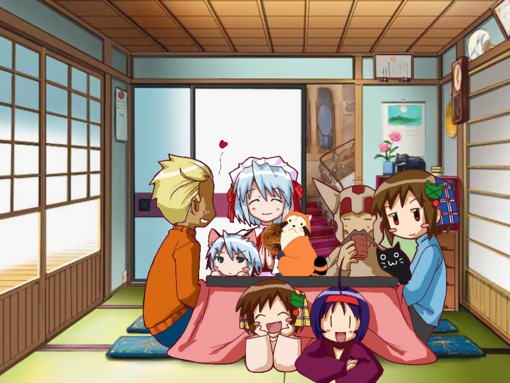 chibi yami, choia, dearka elsman, heika, kotonomiya yuki, musu, waha, yamato suzuran, futaba channel, gundam, gundam seed, suigetsu, 00s, 2boys, 5girls, blush stickers, crossover, cup, heart, kotatsu, multiple boys, multiple girls, shouji, sitting, sliding doors, table, yunomi
