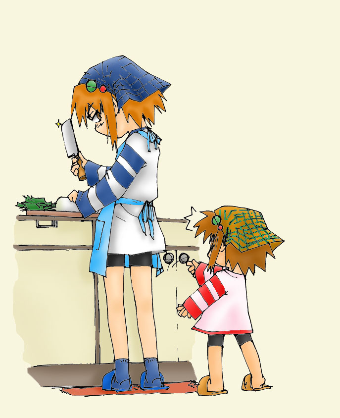 choia, musu, waha, yamato suzuran, futaba channel, suigetsu, 2girls, bike shorts, cleaver, knife, multiple girls, short hair, simple background, surprised, waha skirt lift
