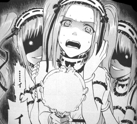 euryale (fate), medusa (fate), medusa (rider) (fate), stheno (fate), fate/hollow ataraxia, fate/stay night, fate (series), lowres, 00s, 3girls, evil smile, greyscale, monochrome, multiple girls, shaded face, siblings, sisters, smile, square pupils, twins, twintails