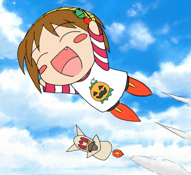 choia, heika, musu, waha, yamato suzuran, futaba channel, suigetsu, uchuu senshi baldios, 1980s (style), 2girls, chibi, chibi only, flying, multiple girls, oldschool, retro artstyle